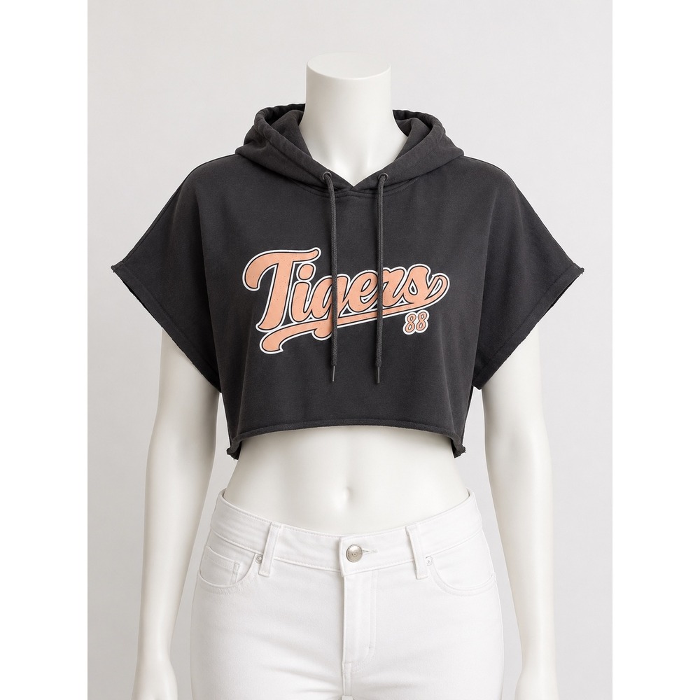 Refuge Athletics Women Tigers 88 Graphic Cropped Short Sleeve Hoodie Charcoal M